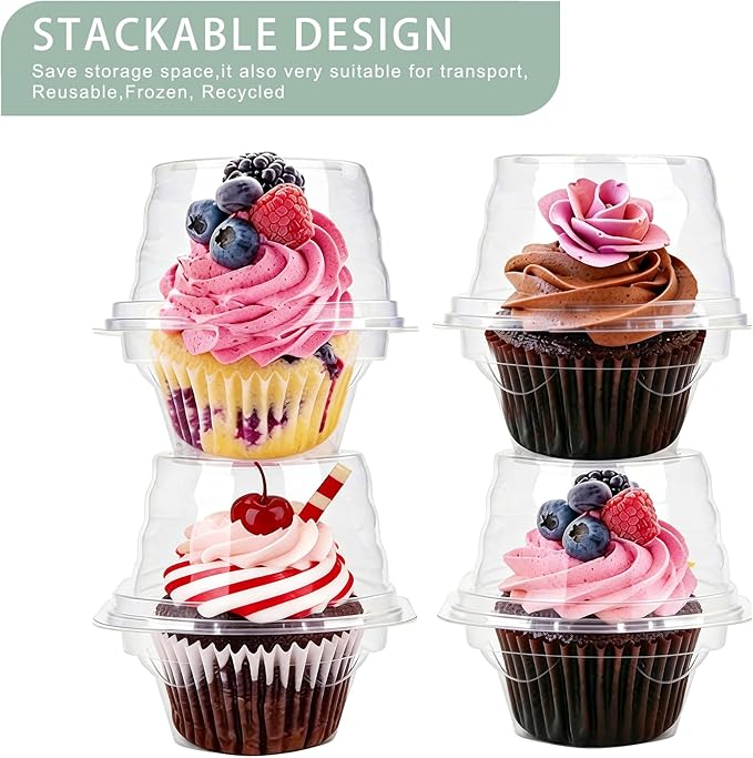 150 Pcs Cupcake Boxes Plastic Individual Cupcake Containers Single Cupcake Carrier with Connected Airtight Dome Lid for Party
