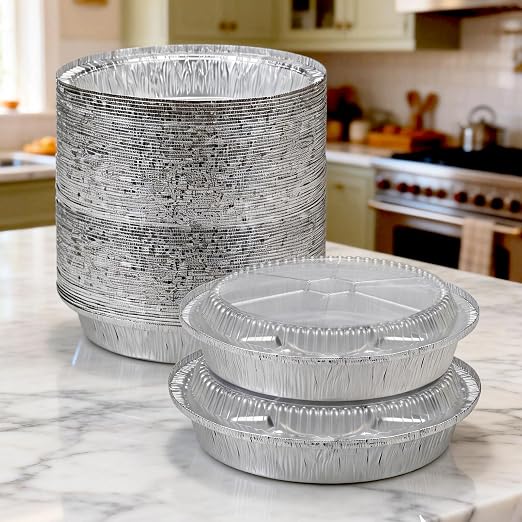 7 Inch Round Aluminum Foil Pans with Clear Lids（50 Pack）Disposable Round Foil Pans,Aluminum Pie Tins,Pie Pans Take-Out Containers for Storing, Baking, Meal Prep & Reheating | Freezer & Oven Safe