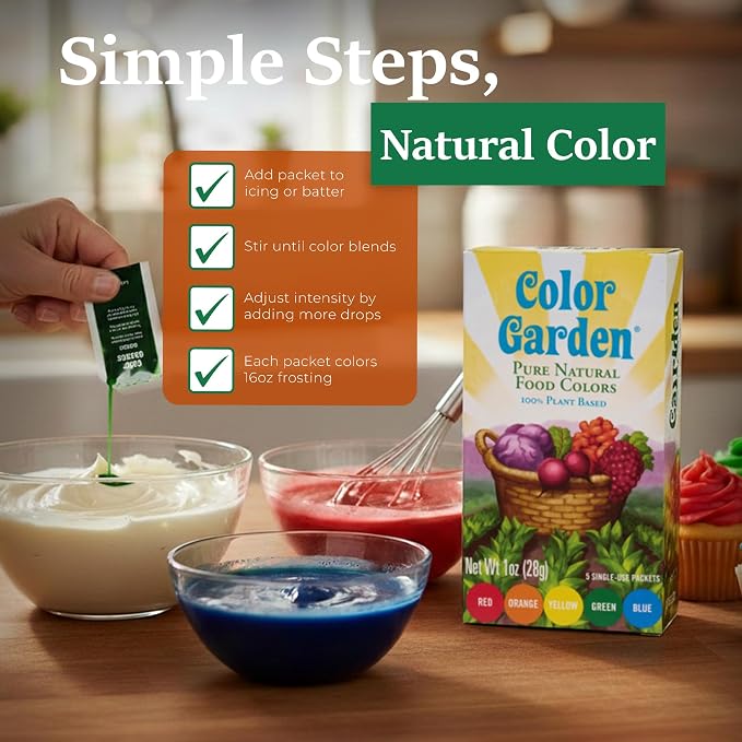 Color Garden Natural Food Coloring, Multi – 5 ct (Red, Yellow, Blue, Green, Orange) 1 oz, Plant-Based Liquid Dye, Vegan, Non-Toxic, No Artificial Colors
