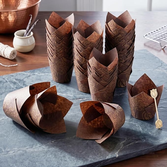 200 Pcs Brown Tulip Cupcake Liners for Baking, Brown Wavy Line | Standard Greaseproof Tulip Muffin Liners for Baking, 3oz Brown Paper Cupcake Wrappers for Party Wedding Birthday