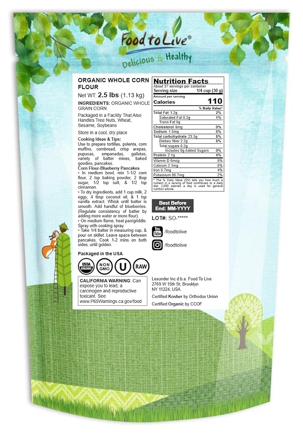 Food to Live Organic Corn Flour, 2.5 Pounds Non-GMO, Whole Grain, Finely Ground Meal, Vegan, Kosher, Bulk Yellow Milled Maize. Great for Cooking and Baking Cornbread, Pancakes, and Tortillas.