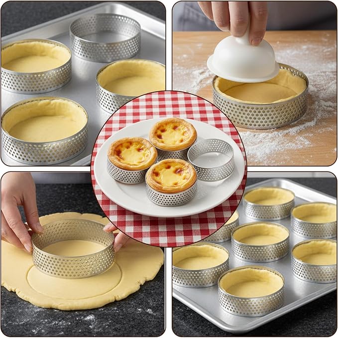 Kifmurase 30 Pack 2 Inch Stainless Steel Tart Rings, Heat-Resistant Perforated Cake Mousse Ring, Round Rings Baking Doughnut Tools Small Fruit Tarte Ring Molds for Cooking Dessert