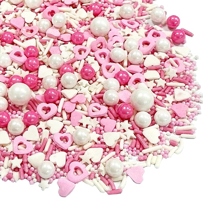Valentines Sprinkles for Cake Decorating,Edible Pink White Pearl Confetti Jimmies Heart Sprinkles 100g/3.5oz Baking Ice Cream Cupcakes Wedding Party Valentines Christmas Supplies