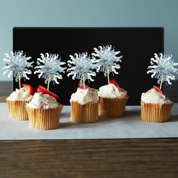 Gyufise 30Pcs Foil Firework Cupcake Toppers Sparkle Tinsel Cake Toppers Tinsel Drink Cake Decoration Cocktail Picks for Birthday Wedding Graduation Party Supplies Silver