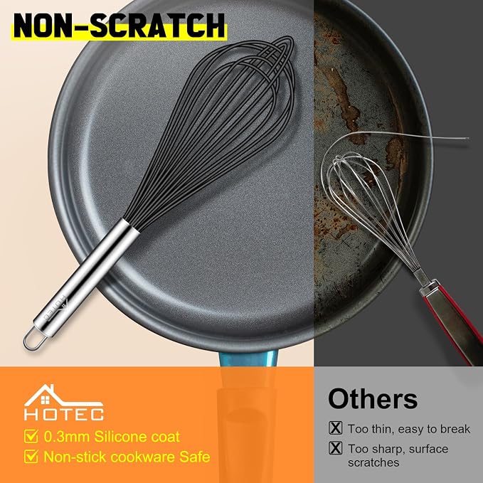 HOTEC 4 Pieces Silicone Whisks Set, Wire Balloon Whisks for cooking Egg Beater, Non-slip Handle Whisk for Non-stick Cookware Perfect for Cooking, Stirring, Beating and Blending,Black