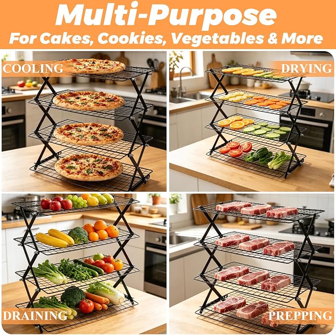 4 Tier Collapsible Cooling Racks for Cooking And Baking | 3 Setting Design, Adjustable & Stackable Cookie Cooling Racks, Dishwasher Safe Tiered Bread Cooling Rack for Picnic
