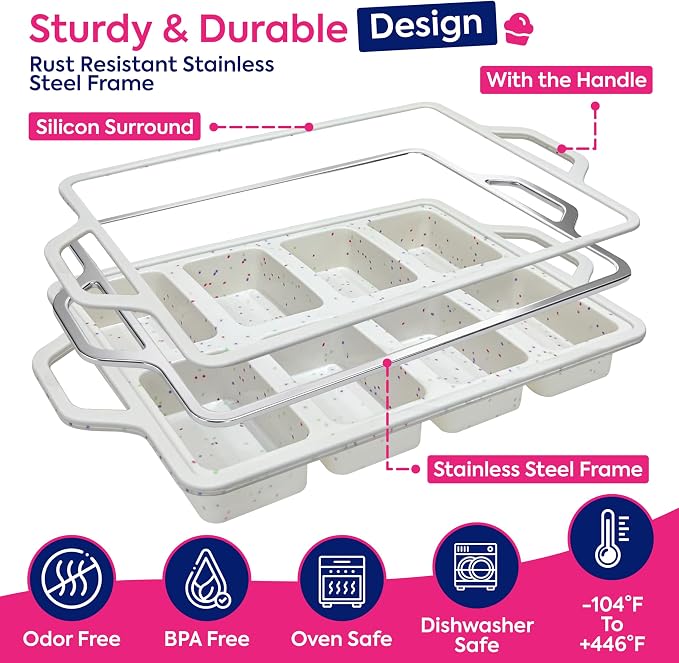 RICCLE Silicone Mini Loaf Pans – 2 Pack, 8 Cavity Silicone Molds for Baking, Non-Stick Silicone Baking Pan & Bread Pan with Metal Reinforced Frame | Mini Banana Bread Pan, Small Loaf Pans for Baking