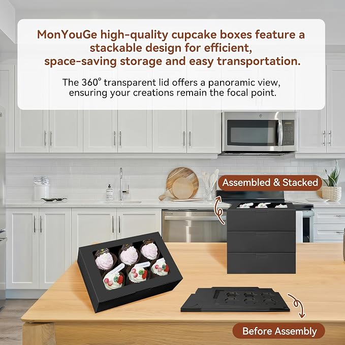 50-Set Cupcake Boxes Bulk with Clear Display Window Hold 6 Standard Cupcakes, Disposable Food Grade Black Cupcake Carrier Cupcake Container, Perfect for Cupcakes Muffins Cookies Pastries