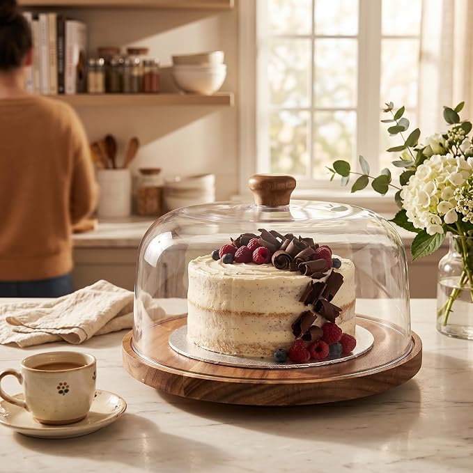 Rotating Acacia Wood Cake Stand with Lid 360°Rotating Cake Stand & Cake Turntable 11.4 Inch Wooden Cake Stand with Lid Clear Acrylic Cake Stand with Dome for Dessert Cupcake Display