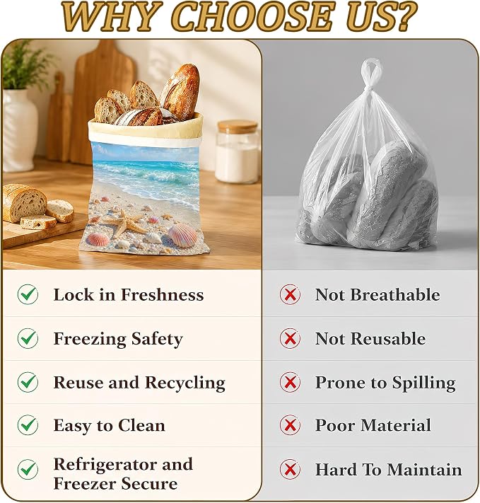 2 Pack Beeswax Linen Starfish Beach Bread Bags, Seashell Coast Reusable Fresh Keeping Bags for Sourdough & Baguette, Freezable Portable Bread Storage Container 17×13''