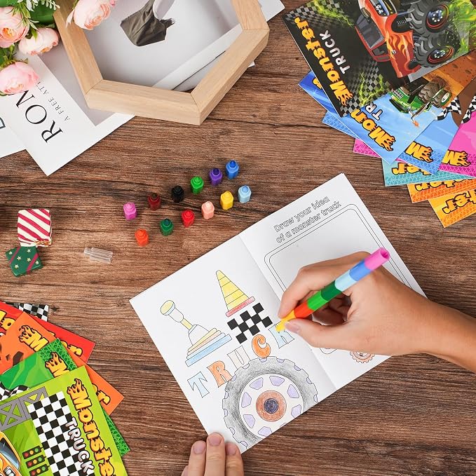 BenLouis 12 Monster Truck Mini Coloring Books Kids with 12 Stacking Crayons Car wheels Party Favors Small Activity Books Bulk for Kids Monster Truck Party Gift Goodie Bag Stuffers