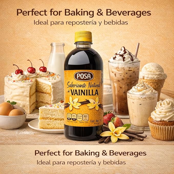 POSA Natural Vanilla Flavoring 33.8 fl oz | Vanilla flavor for baking, desserts and drinks | For home and professional use