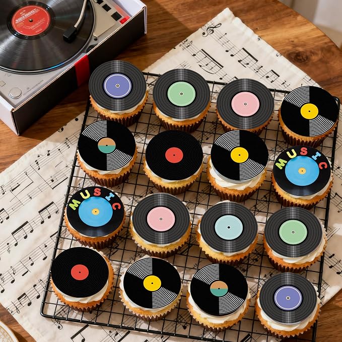 36PCS Edible Record Cupcake Toppers Wafer Paper Record CD Cupcake Picks Rock and Roll Party Decorations for Retro Vinyl Music Theme Birthday Baby Shower Supplies