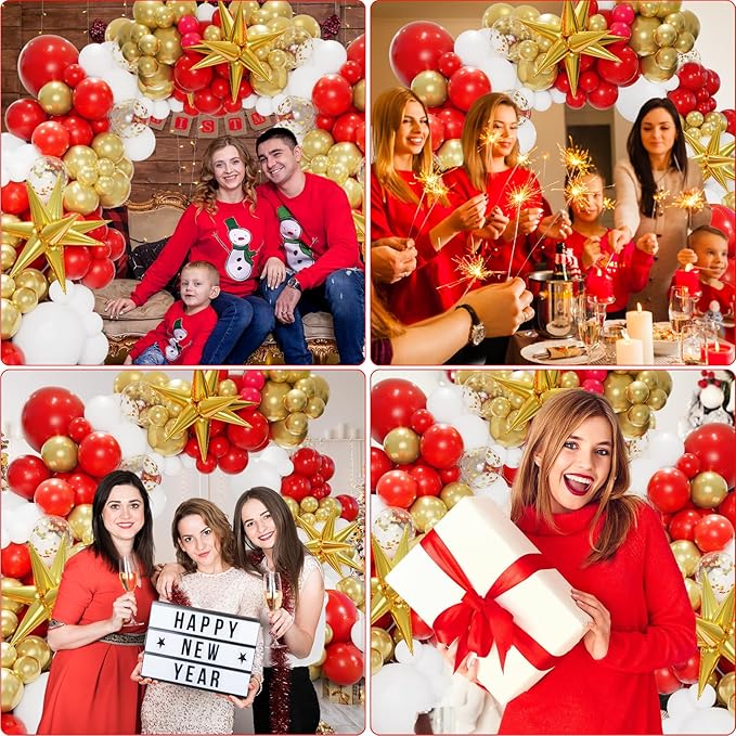 Bonropin 161pcs Red Gold and White Balloons Garland Arch Kit - 5/10/12/18in Red, Gold, White, Explosion Star Balloons for Valentine's Day Birthday Engagements Anniversary Party Decoration