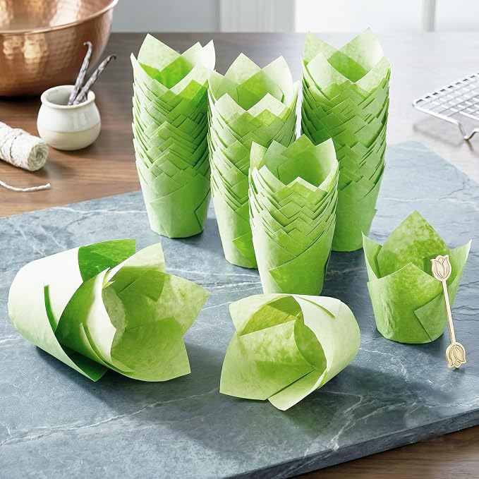 200 Pcs Green Tulip Cupcake Liners for Baking, Standard Size | Standard Greaseproof Tulip Muffin Liners for Baking, 3oz Green Paper Cupcake Wrappers for Party Wedding Birthday