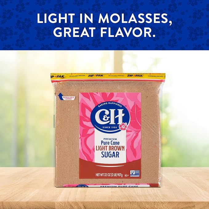 C&H® Light Brown Sugar, 2 lb Zipper Bag (2-Pack) - Ideal Sugar for Baking and Desserts - Includes Bonus Recipe Card