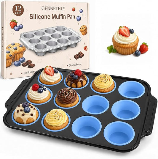 Silicone Muffin Pans for Baking with Metal Reinforced Frame, Muffin Tin Egg Bites Mold 12-Cup Regular Size, Nonstick Muffin Cups Tray Easy to Pop Cupcake Pan for Oven & Dishwasher Safe