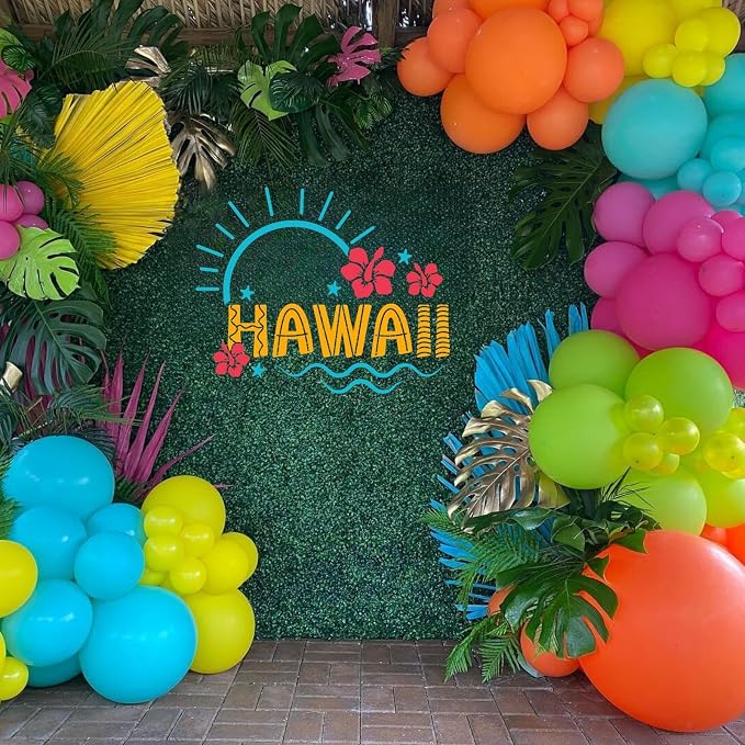 Hawaiian Balloon Arch Kit, 108 Pcs Tropical Balloon Garland with Hot Pink Orange Teal Green Yellow Latex Balloons Metallic Gold for Birthday Baby Shower Pool Beach Summer Party Decorations