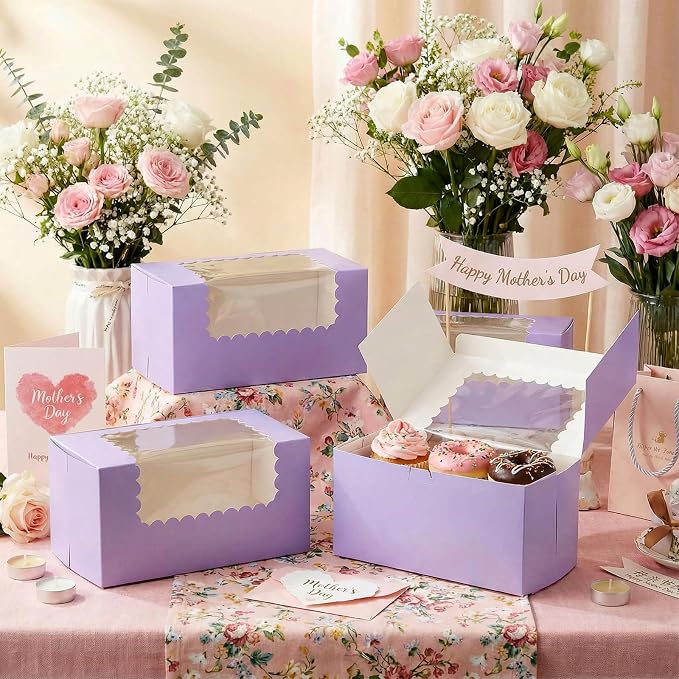 Ireer 60 Pcs 8x4x4 Inch Purple Bakery Boxes with Window Cookies Boxes Pumpkin Roll Container Donut Box Pastry Cake Packaging Safe for Cookies Loaf Muffins Breads Dessert Candies Treat