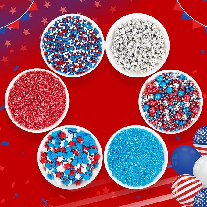 Patriotic Sprinkles for Cake Decorating,6 Cell-6.7oz,July 4th Edible Sprinkle Baking Decorations,Blue Red White Silver Pearls Nonpareils Confetti and Stars-Shape Sanding Sugar Mix,for Cookies,Ice Cream,Fondant Cake,Cupcakes,Desserts Decorating,May Day,...