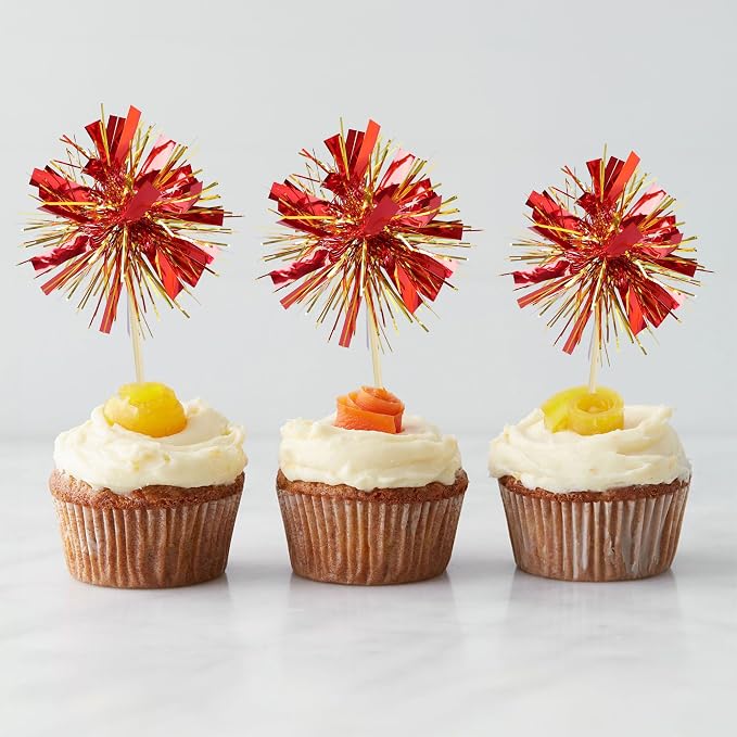 Gyufise 30Pcs Foil Firework Cupcake Toppers Sparkle Tinsel Cake Toppers Tinsel Drink Cake Decoration Cocktail Picks for Birthday Wedding Graduation Party Supplies Gold Red