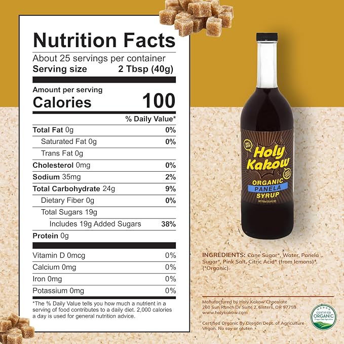 Holy Kakow Cafe Organic Panela Syrup - Coffee Sweetener, Add to Latte, Cocktail and Shake, Real Food Ingredients - 750 Ml