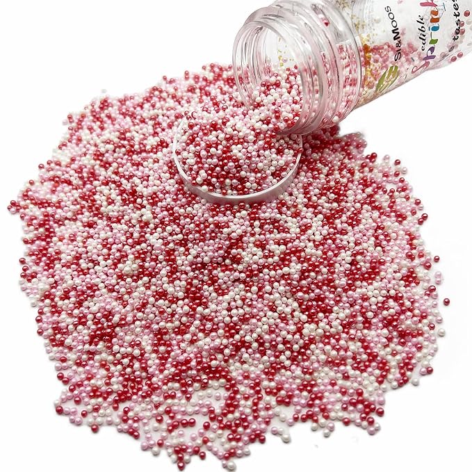 SE Si&Moos Nonpareil Sprinkles, 2mm Red Pink and White Mini Edible Pearls Red and Pink Sprinkles for Cake Decorating Valentines Cake Decorations Wedding Baby Shower Party Valentine Christmas Holiday Supplies 3.5 OZ