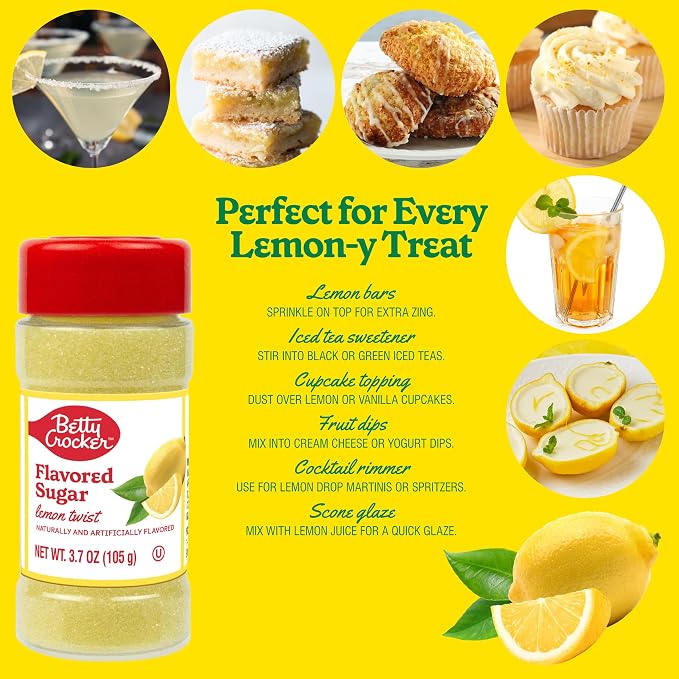 Betty Crocker Lemon Twist Flavored Sugar – Citrus Dessert Sugar for Baking, Cocktails & More, 3.7 oz