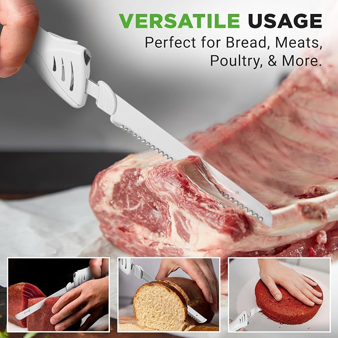 NutriChef Electric Carving Turkey Slicer Kitchen Knife | For Thanksgiving | Portable Electrical Food Cutter Knife Set with Carve Blades & Wood Stand | Cuts Meat, Bread, Cheese & Fruit | White