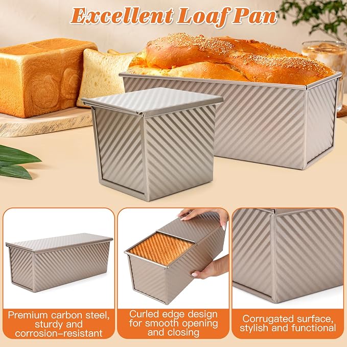 4 Pcs Bread Loaf Pan with Lid, 2.2LB/1LB/0.8LB/0.5LB Dough Capacity Pullman Loaf Pan, Non-Stick Sandwich Bread Loaf Pans, Carbon Steel Bread Pans,Toast Box for Sandwiches, Breads, Sourdough