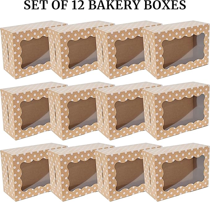 Polka Dot Cookie Boxes - 12 Pack - Brown with White Polka Dots Bakery Gift Box with Window - for Pastries, Cupcakes, Strawberries, Macarons, & Treats - Large Size Easily Fits a Dozen Cookies - 12 pcs
