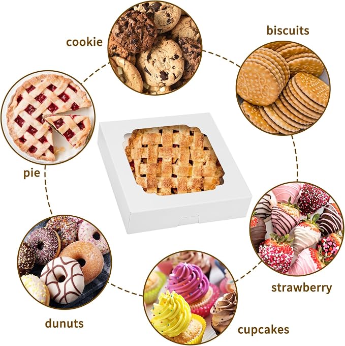 Moretoes 45pcs Pie Boxes 12x12x2.5 Inches White Bakery Boxes with Window for Cookie Cake, Treat, Pie, Pizza, Strawberries, Chocolate, Pastries, Muffins and Donuts
