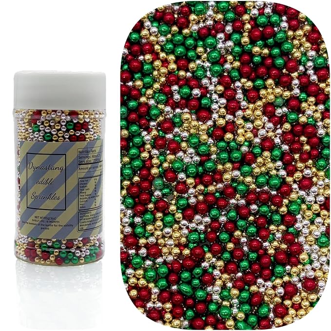 Dynastang 2mm Christmas Pearls Sprinkles Edible Pearls Cake Decorating Stars Cake Decorations Cupcake Toppers Cookie Decorating Perfect for Cakes, Cupcakes, Desserts Toppings 3OZ