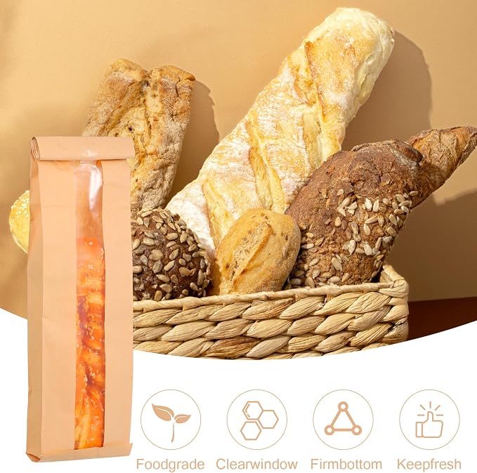 100 Pack 23.22 x 4.33 x 1.57 Inch Baguette Bread Bags with Clear Window, Long French Bread Bag, Paper Bakery Storage Bags for Homemade Breads, Pastries, and Snack