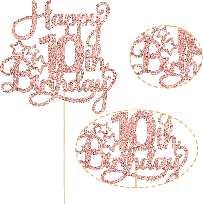 1 Pack Happy 10th Birthday Cake Topper Glitter Heart Star 10 Fabulous Cake Pick Birthday Sign Cake Decorations for Children 10th Birthday Theme Party Supplies Rose Gold