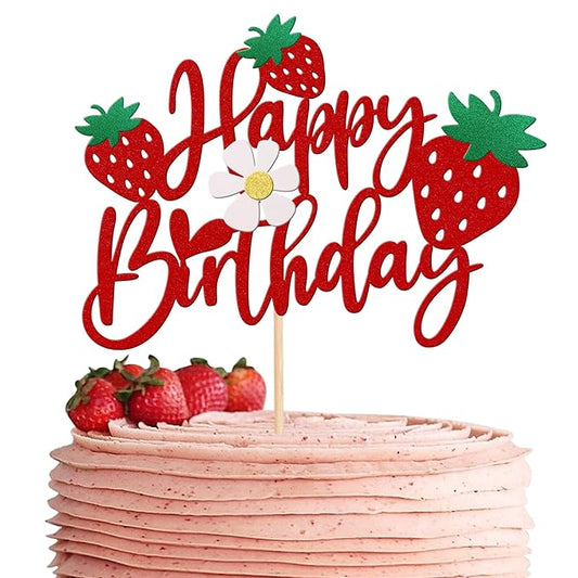 1 PCS Strawberry Happy Birthday Cake Topper with Glitter Flower Fruit Theme Birthday Berrry Cake Pick Decorations for Strawberry Theme Baby Shower Kids Birthday Party Cake Decorations Supplies