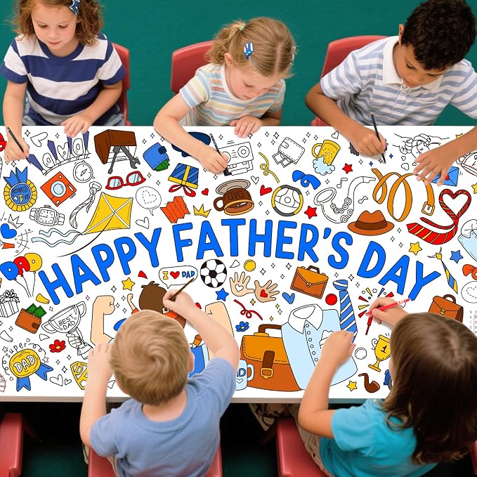 Fathers Day Coloring tablecloths for Classroom Wall - Versatile 31.5 x 72 Inches Father Themed Activity Poster/Table Cover, School Parties, Happy Fathers Day Decorations