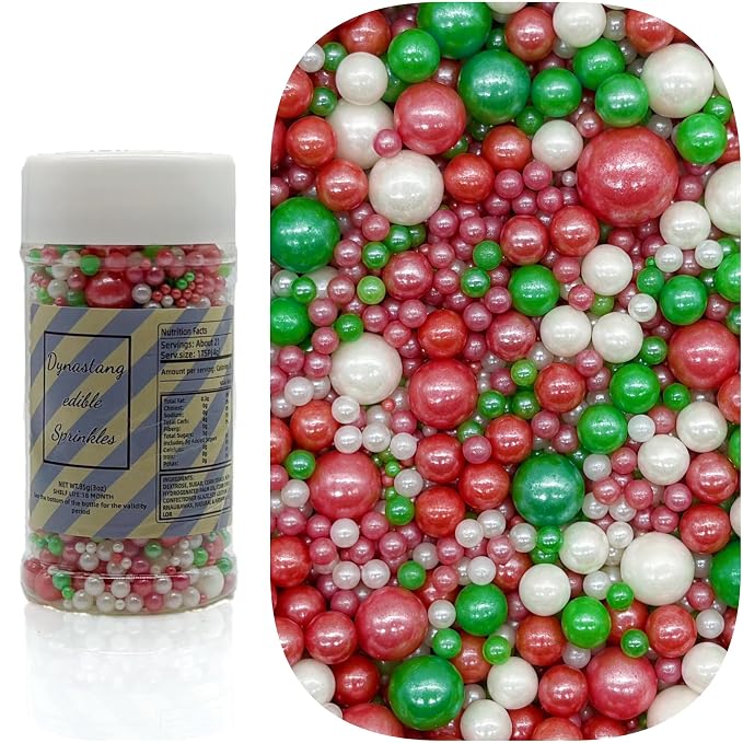 Dynastang Mixed Size Red & Green & White Pearls Sprinkles Edible Pearls Cake Decorating Pearls Cake Decorations Cupcake Toppers Cookie Decorating Perfect for Cakes, Cupcakes, Desserts Toppings 3OZ