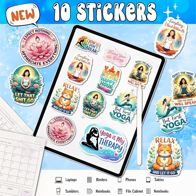10pcs Yoga Stickers Gifts for Yoga Lovers Women Wellness Multiple Different Design, Waterproof UV-Resistant for Water Bottle, Laptop, Window, Car
