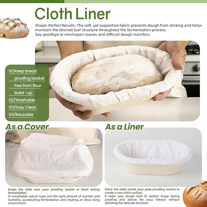 6pcs 10inch Oval Pulp Sourdough Proofing Basket Banneton Bortform with 30pcs Non Woven Liner Covers Professional and Home Bread Baking Supplies