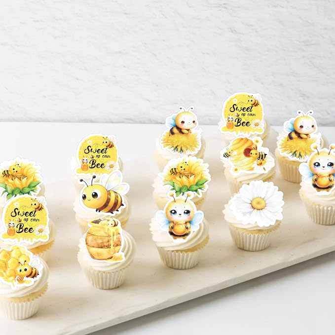 63 PCS Edible Bumble Bee Cupcake Toppers Wafer Paper Sunflower Bees Candy Oh Babee Cupcake Picks Edible Daisy Honey Bee Cake Decorations for Baby Shower Kids Birthday Party Cake Decorations Supplies