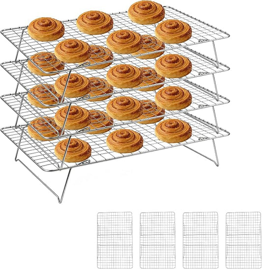 Cooling Rack, 4 Tier Stackable Cooling Racks for Cooking Baking Roasting, Multi-Level Collapsible Cookie Rack for Cakes, Oven Safe & Easy Clean (Silver, 4-Tier)