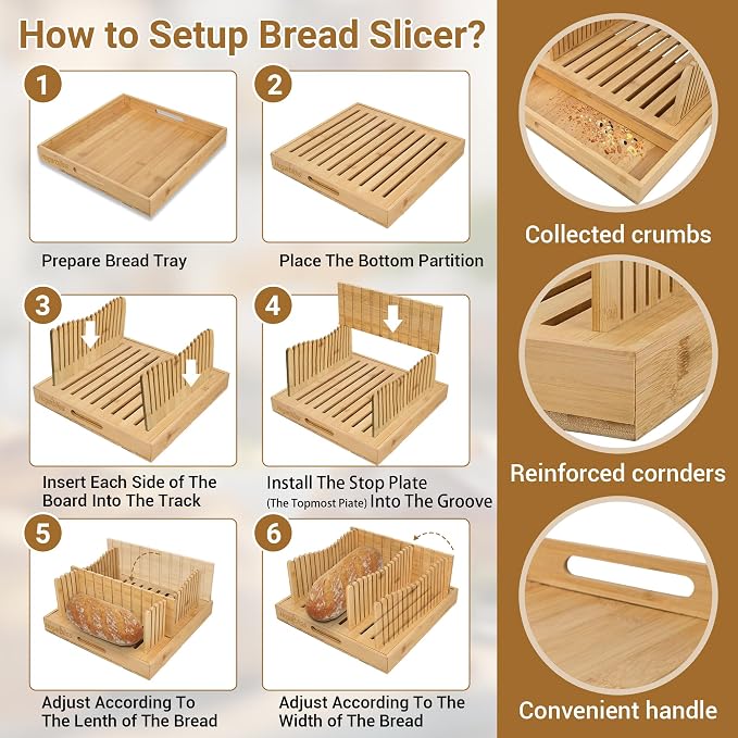 Hogarbliss Bread Slicer for Homemade Bread, 10.5″Adjustable Bread Cutter with Crumb Tray, Compact&Foldable Bread Loaf Slicer for Sandwiches and Round, Bamboo Bread Cutting Board-Kitchen Gadget & Gifts
