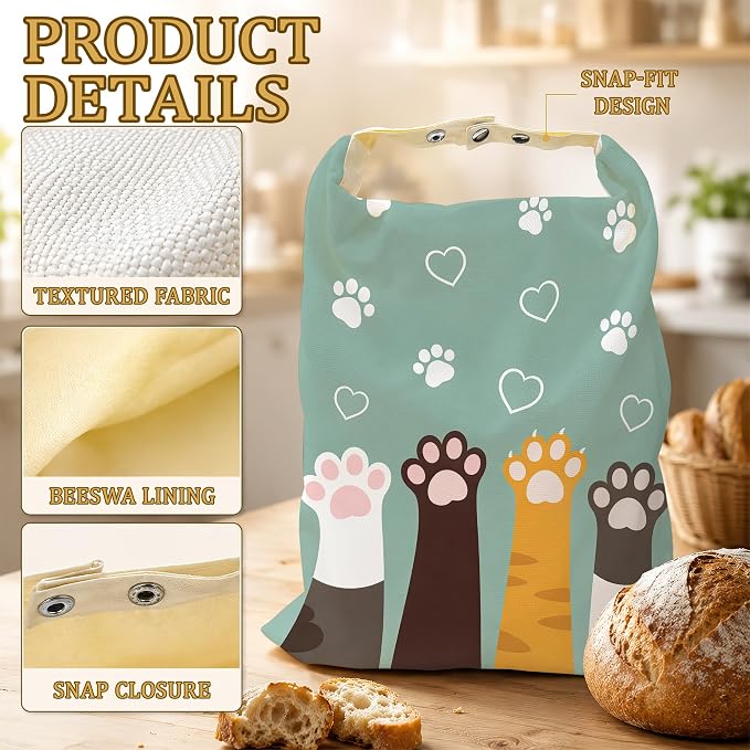 2 Pack Reusable Beeswax Funny Cat Feet Bread Bags, Sourdough Bread Heart Paws Storage for Homemade, Freezer Storage Bag to Keep Fresh, Baguette Bag with Beeswax Liner Kitchen Baking