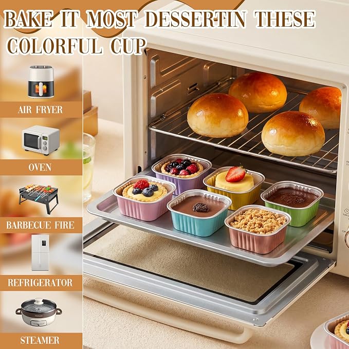 200 Pack 5 oz Mini Cake Pans with Lid, Aluminum Foil Mini Baking Tins, Square Disposable Cupcake Baking Cup Dessert Container for Wedding Birthday Party Picnic(Multi,Classic)
