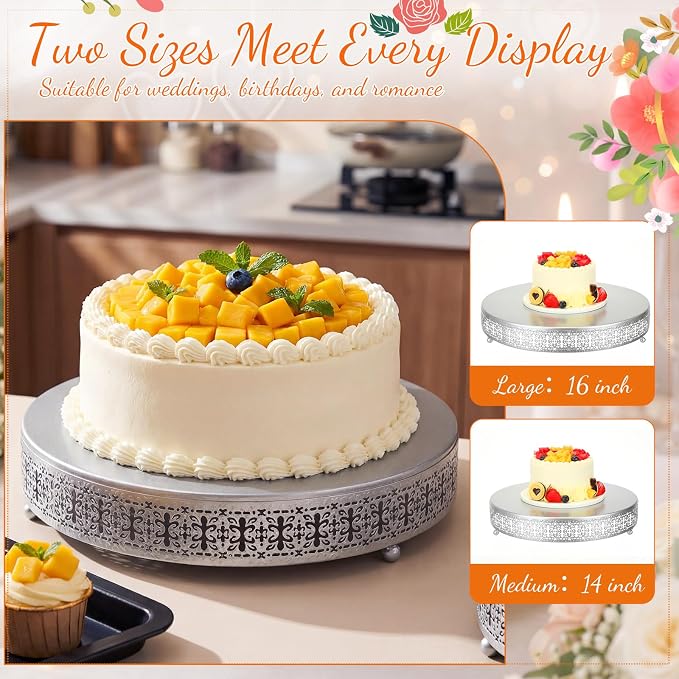 Wenqik 2 Pack Cake Stand Set, 14/16 Inch Metal Round Cupcake Dessert Stand Decorative Elegant Cake Display for Weddings Party Birthday Baby Showers Anniversary(Ornate Floral,Silver)