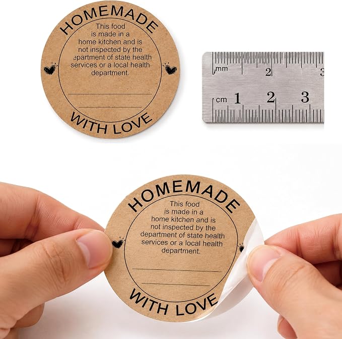500 Pcs Cottage Food Law Homemade with Love Stickers 2 inch Home Kitchen Inspection Statement Labels Made in Home Kitchen Canning Jar Stickers of Personalized Baking (Kraft Paper)