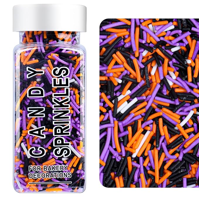 Halloween Jimmies Sprinkles - Black Orange Purple White Jimmies Mix for Cake Decorating, Edible Cookie Cupcake Decorations for Halloween Baking & Party Treats