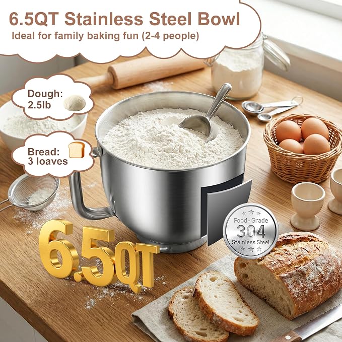 6.5 Qt 10-Speed Tilt-Head Stand Mixer with Dough Hook, Whisk, Beater & Splash Guard, Electric Kitchen Mixer for Baking, Cakes, Bread, and Home Cooking (Black)