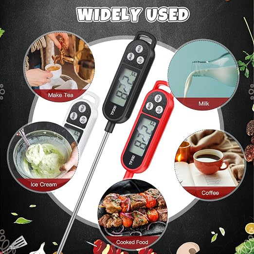 Copkim Instant Read Meat Thermometer with Long Probe 9.65 Inch Kitchen Cooking Food Candy Waterproof Digital Thermometer for BBQ Water Milk Yogurt Liquid (Square Ring,Black, White, Red,24 Pcs)
